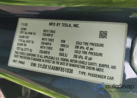 2021 Tesla Model 3 Standard Range Plus Rear-Wheel Drive из США, поврежденный, VIN 5YJ3E1EA8MF851038